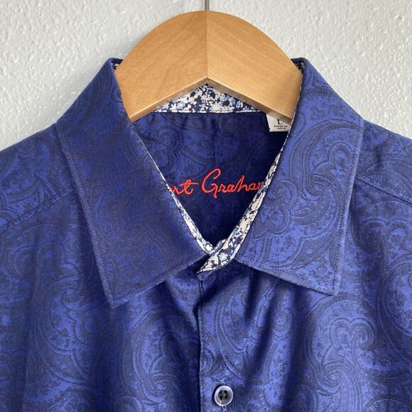 Robert Grahman Mens Large Navy Paisley Button Up Shirt Flip Cuff Short Sleeve - Picture 7 of 10